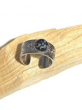 Bague obsidienne flocon de neige ethnique réglable en acier inoxydable argenté