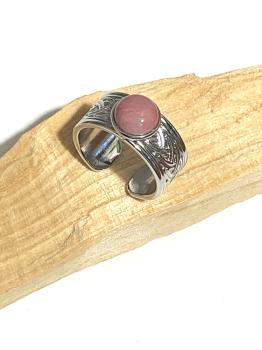 Bague rhodonite ethnique réglable en acier inoxydable argenté